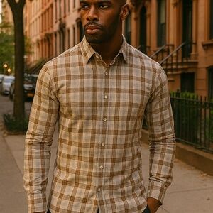 Banana Republic Men's Tan Plaid Button Down Shirt (Brown/White)